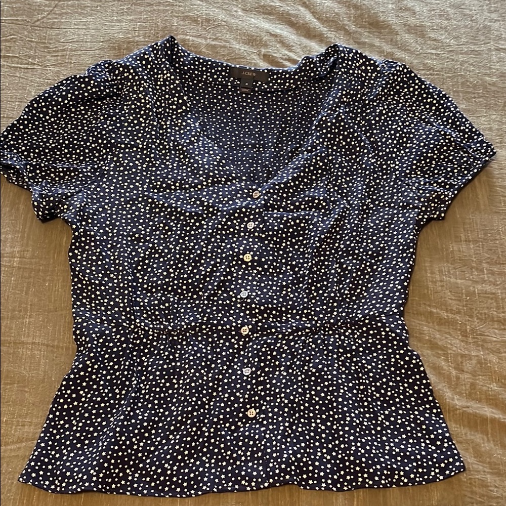 J. Crew White and Blue Fitted Peplum Blouse